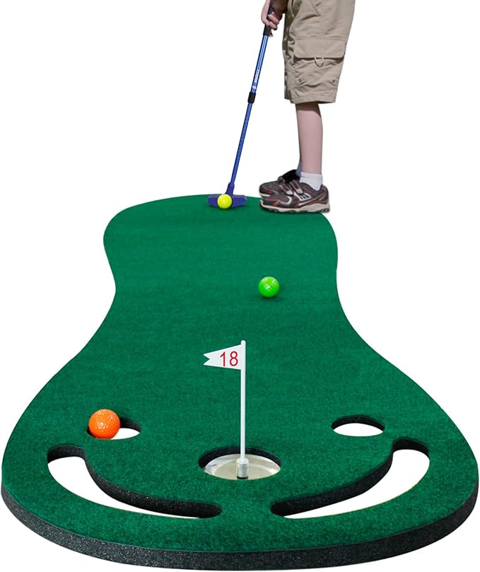 KOFULL Putting Green Mats Set - Indoor/Outdoor Golf Putting Practice or Golf Game with 78" x 24" Putting Mat, Adjustable Putter, 3 Balls, Training Aid Cup & Flags