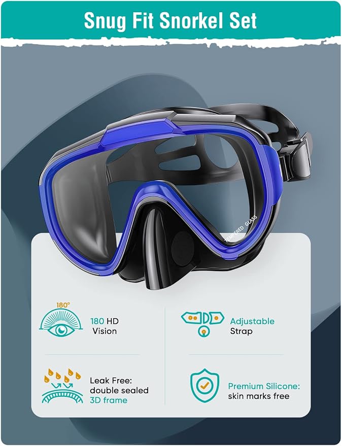 Seovediary Snorkel Set Adults Snorkeling Gear Anti-Fog Panoramic View Swim Mask Dry Top Snorkel Kit with Carry Bag for Snorkeling Scuba Diving Swimming Travel
