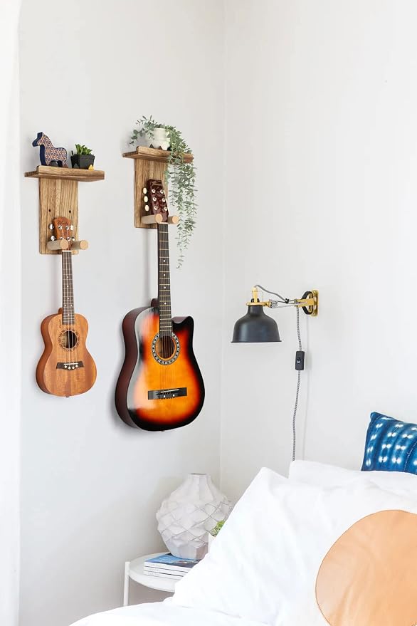Keebofly Guitar Wall Mount Hanger with Rustic Wood Shelf- Single Pack, Wall Hook Rack for Acoustic/Electric Guitars, Bass & Ukulele, (Brown,Patented)
