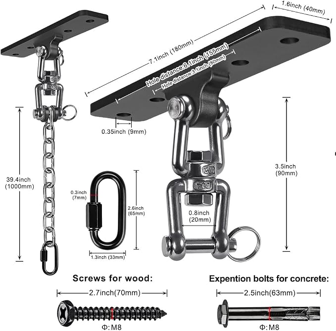 Dolibest Hanging Kits Hammock Chair Hardware, Heavy Duty Swing Hanger with Chain for Indoor Outdoor Playground Hanging Hammock Chair Punching Bags, 4 Screws, 600 LB Capacity, 3.28ft, 360° Rotation