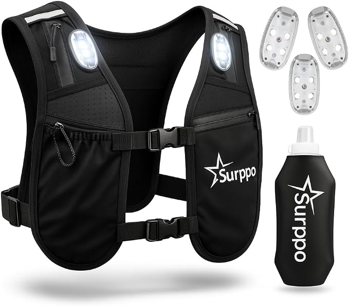 Running Hydration Vest with 3 LED Safety Lights and 500ml Soft Flask, Lightweight Reflective Running Vest for Women Men, Adjustable Chest Straps, Phone Pocket for Marathon Trail Night Running