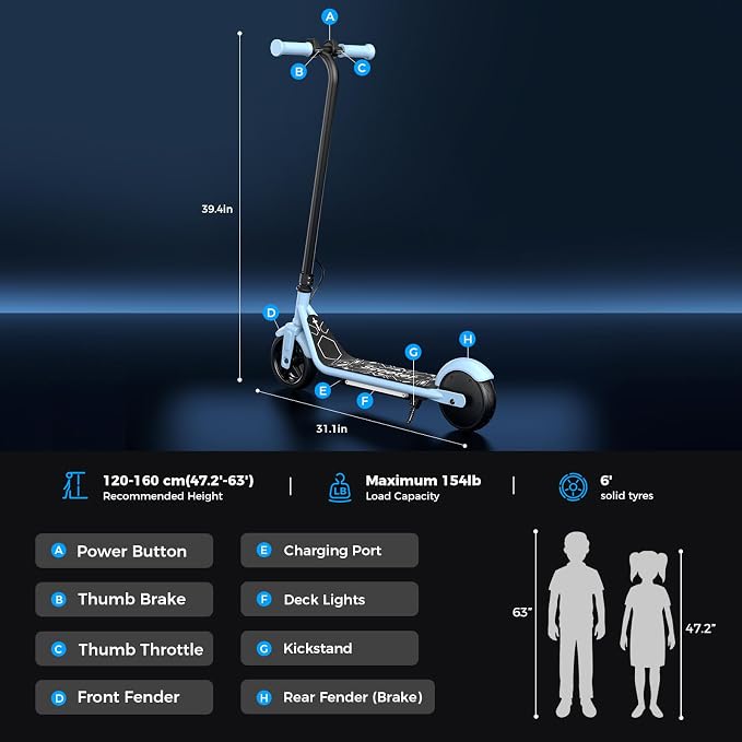 Electric Scooter for Kids Ages 6-12, 150W Motor, Simple One-Button Control, 2 Safe Speeds (6/10 MPH), K2 Pro for 3 Speeds, Colorful Lights, Magnetic Charging, Dual Brake System, 154 Lbs Load Capacity