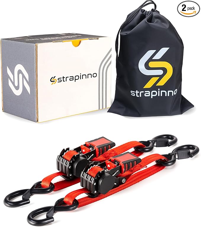 Strapinno Retractable Ratchet Straps - 1 in x 2.5 ft Heavy Duty Adjustable Boat Transom Tie Down, 2PCS, 2400lbs Breaking Strength, Safety S Hooks, for Boat, Jetski, Seadoo, Waverunner, and PWCs (Red)