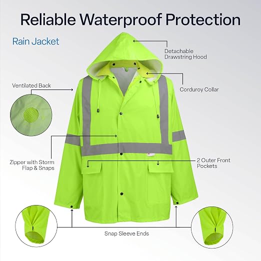 GGS Three-Piece Rain Suit - High Visibility, Waterproof Bibs and Jacket with Detachable Hood, Lightweight Rainwear for Construction, Camping, Hiking, Fishing Gear