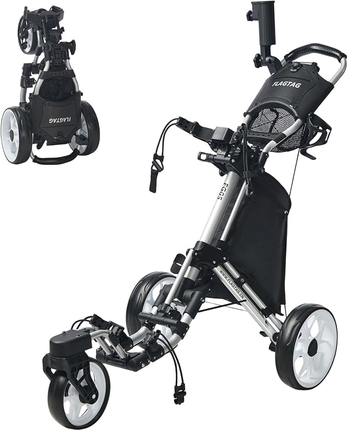 FLAGTAG Golf Push Cart 3 Wheel with 360 Swivel Front Wheel,Lightweight and Foldable Walking Golf Cart，One-Click Foldable,with Foot Brake