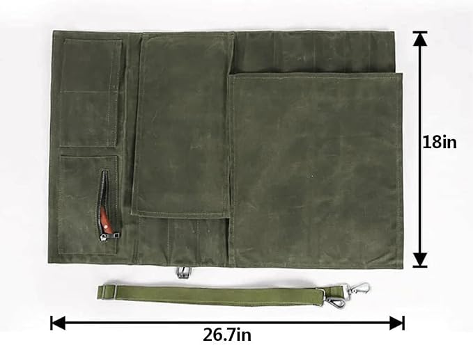 Large Chef’s Knife Roll Bag,Heavy Duty Waxed Canvas Knife Carrier,11 Pockets Kitchen Cooking Tools Storage Case, Easily Carried By Shoulder Strap ForProfessional Chefs,Culinary School Students