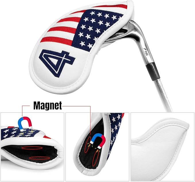 Magnetic Golf Iron Covers Premium Leather Iron and Wedge Golf Club Head Covers - Set of 10 Fits Most Clubs USA American Flag Head Cover Set Headcovers for Irons