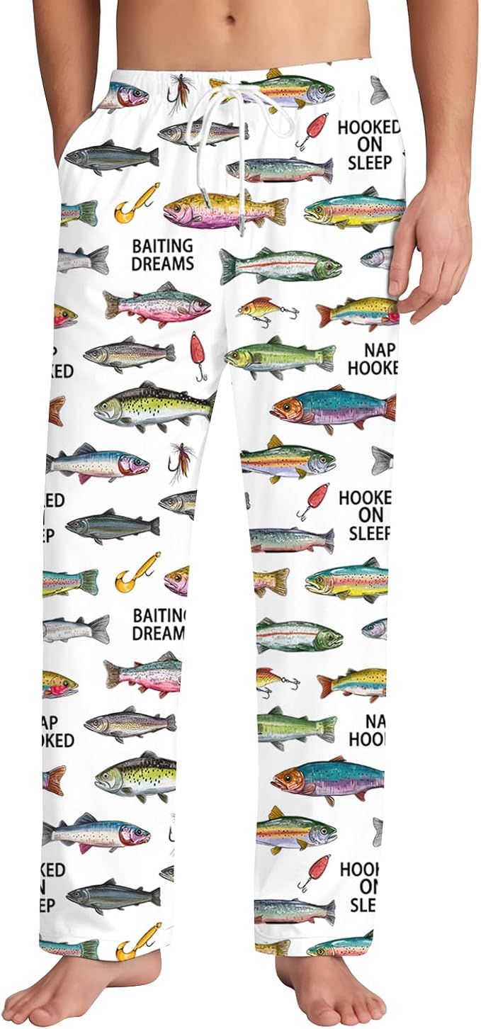 KOYI Fish Pajama Pants, Funny Fishing Print Lounge Pants, Cozy Unisex Sleepwear for Men Women, Novelty Pajama Bottoms