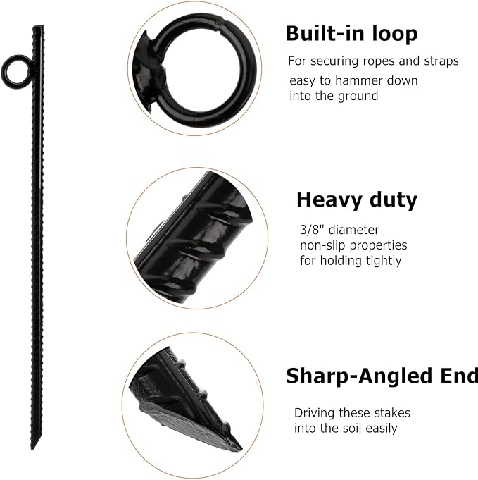 12 Pack 16 Inch Ground Stakes Heavy Duty, Black Steel Ground Anchors with Loop, Reusable Tent Rebar Tent Stakes for Sheds Outdoor Camping Walkway Fence