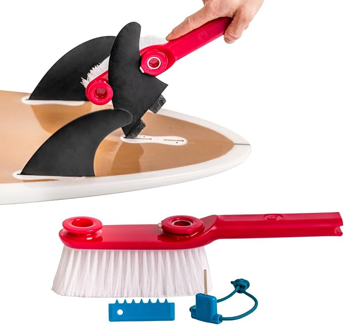 LISS The Clean Fin, Surfboard Fin Removal and Installation Tool, Sand Brush Remover for Beach, Bristle Brush with Leash String Included, Wax Remover & Scraper, Bottle Opener, Beach Accessorie (Red)