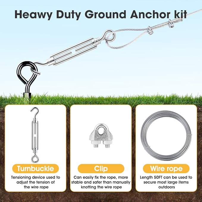 27" Screw in Ground Anchors Kits with 3/16" Cable, 4 Pack Heavy Duty Stakes | for Shed, Earth Anchors High Wind Hurricane Straps, for Swing Set, for Mobile Home, for Carport Gazebo Trampoline Tent Tree