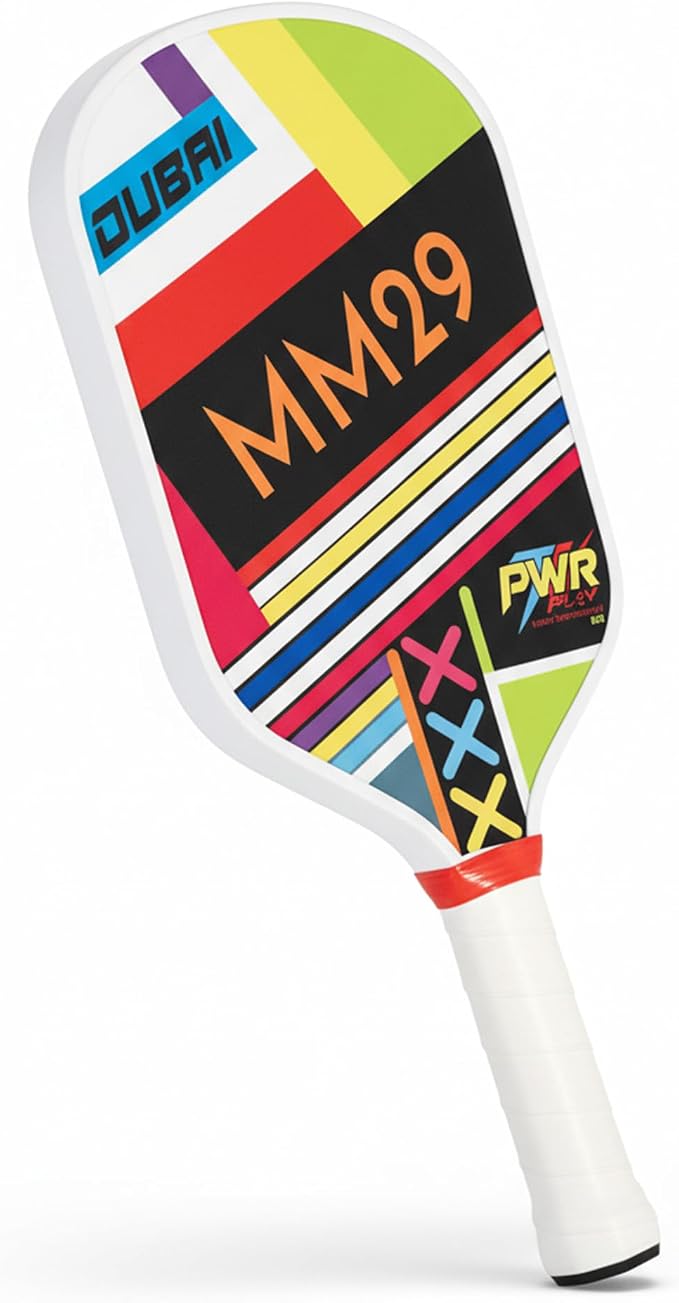 Pickle Ball Paddle MM29 – 50% Fiberglass + 50% Carbon Fiber Face, Gritty UV Surface, ColdPressed PP Honeycomb Core, 16mm Control Build | Premium Pickleball Racket