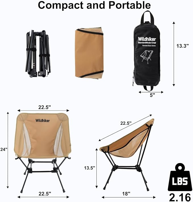 Wildhiker Lightweight Camping Chair – Folding Portable Chair for Adults, 2.16 lbs with Square Base and Carry Bag for Travel, Fishing, Motorcycle, Festival– Khaki