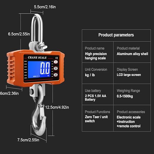 Digital Crane Scale 2200lb/1000kg Heavy Duty Hanging Scale with LCD Backlight, High Precision Industrial Hanging Scale with Data Hold/Tare/Zero, CE Certified for Farm, Construction, Hunting, Fishing