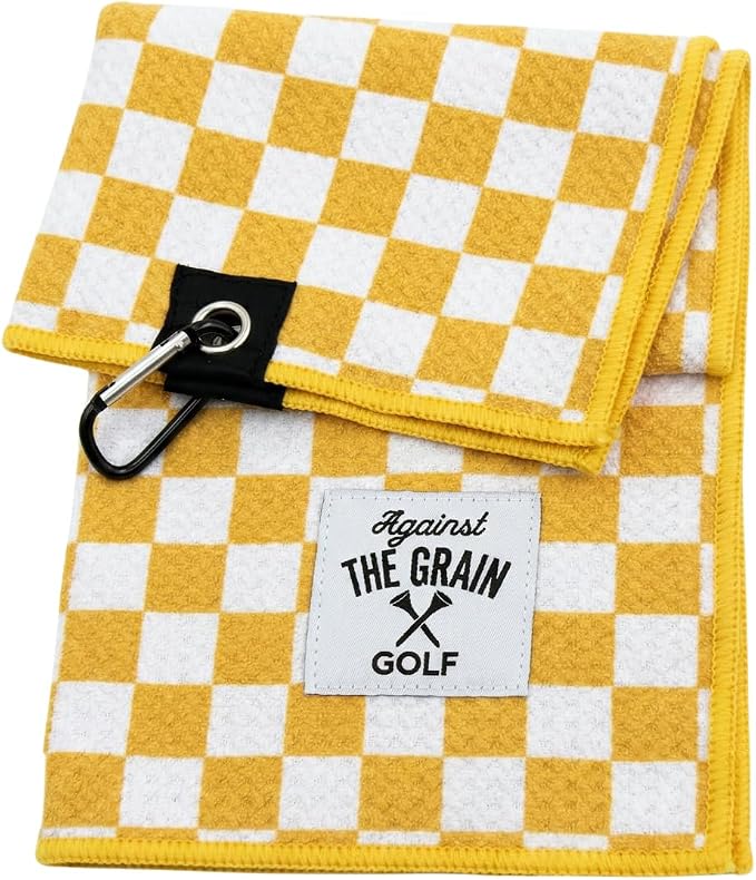 Against The Grain Microfiber Pink Golf Towel for Golf Bags Women with Clip - (12"x20") Yellow & White Checkered Design Golf Club Towel, Womens Golf Towel, Golf Gifts for Women
