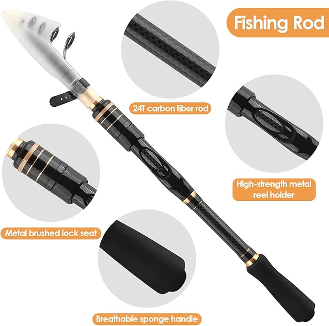 Carbon Fiber Telescopic Fishing Rod Reel Combo with Compact Carrier Bag | Portable Collapsible Spinning Pole Reel Kit Fishing Gear Set Travel Fishing Rod Kit Fishermen Gift for Freshwater Saltwater