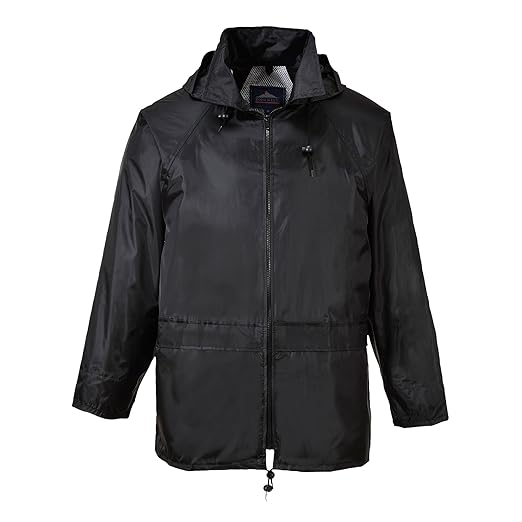 Portwest US440 Men's Waterproof Rain Jacket - Lightweight Durable Hooded Weather Protection Safety Coat Black, 6X-Large