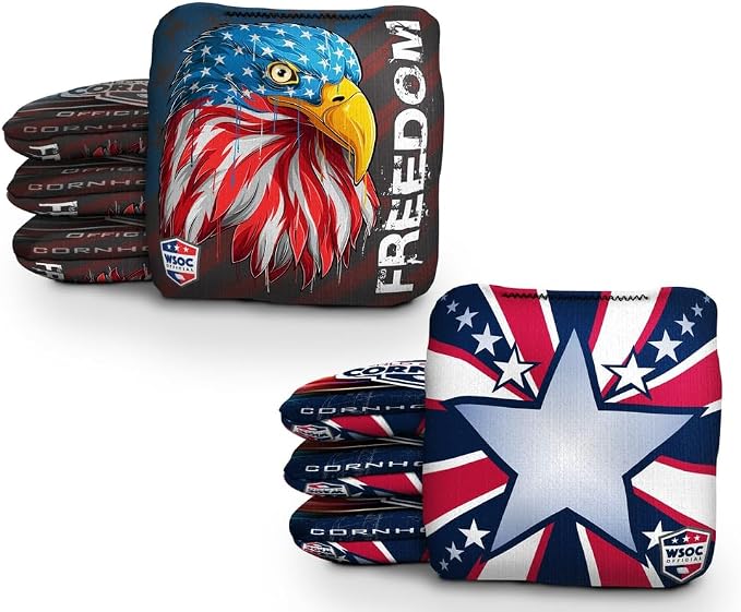 Official Pro Cornhole Bags Set of 8 – Regulation Size & Weight Corn Hole Bean Bags – Patriotic American Flag Inspired Designs – Professional Outdoor Yard Game Accessories
