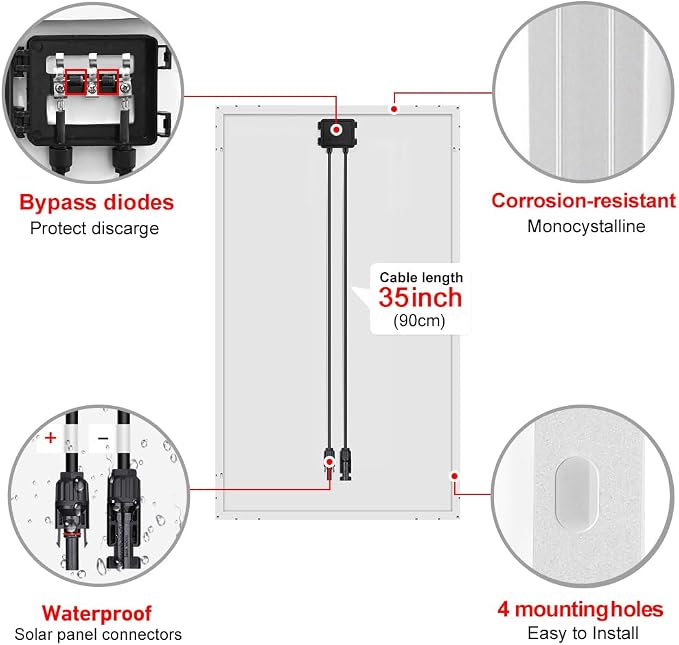 DOKIO 100W 18V Monocrystalline Solar Panel for 12V Battery Charging, Glass Module with Aluminum Frame, MC4 Connector, Pre-Drilled Holes for Rooftop, RV, Boat, Off-Grid Power
