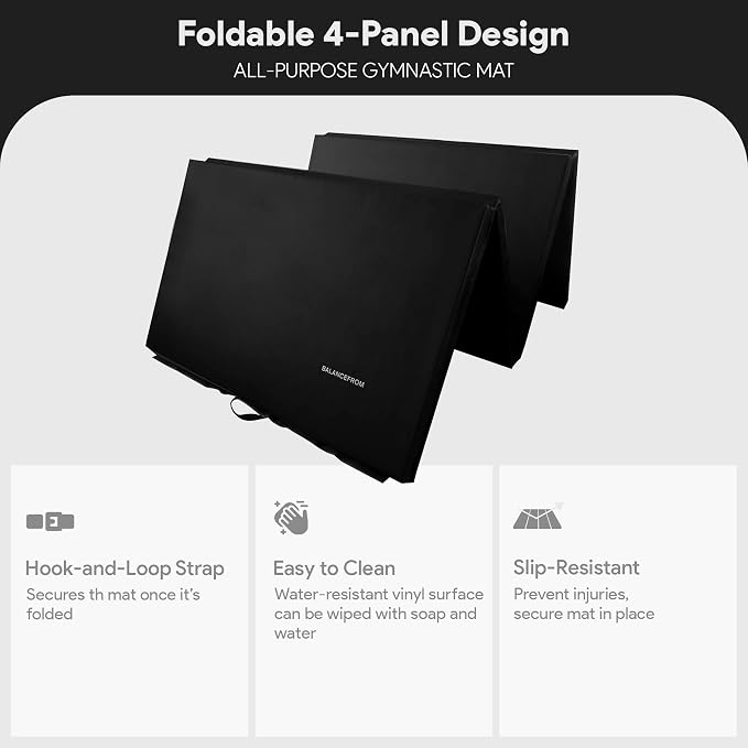 BalanceFrom 10x4 Feet 4-Panel Folding Gymnastics Mat – 2-Inch Thick Pad with Vinyl Surface and Carrying Handles for Tumbling, Yoga, Pilates, Home Workouts, and Martial Arts