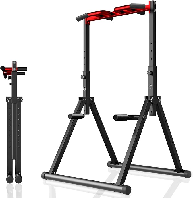 WATBKHE Power Tower Pull Up Dip Station Foldable, Pull Up Bar Station Adjustable, Multi-Function Home Gym, Strength Training Fitness Equipment, Triangular Design, for Home Outdoor
