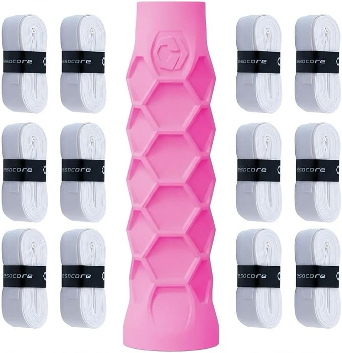 Hesacore Pickleball Bundle – Standard Grip Pink Size XS (5.25”) + Hesatac Overgrip White Tape 12-Pack – Anti-Sweat Control, Enhanced Stability, Reduced Vibration