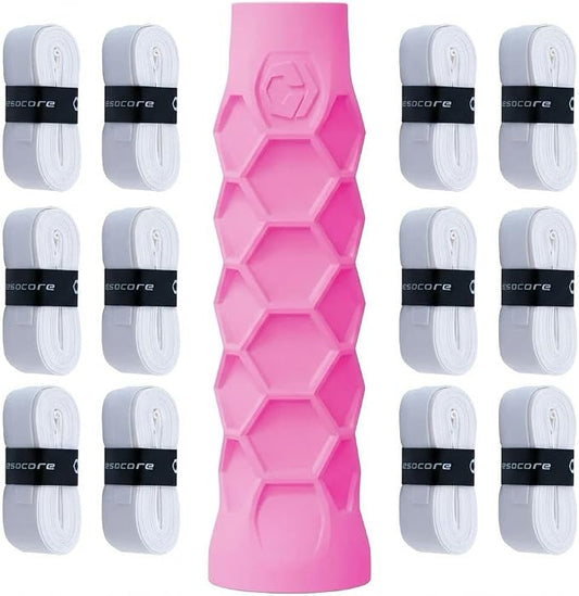 Hesacore Pickleball Bundle – Standard Grip Pink Size XS (5.25”) + Hesatac Overgrip White Tape 12-Pack – Anti-Sweat Control, Enhanced Stability, Reduced Vibration