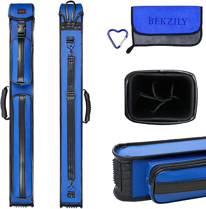 2x3 Billiard Cue Case – Holds 2 Butts & 3 Shafts, PU Leather Exterior, Plastic Buckle Closure, External Accessory Pocket & Towel Hook, Black/Blue/Pink
