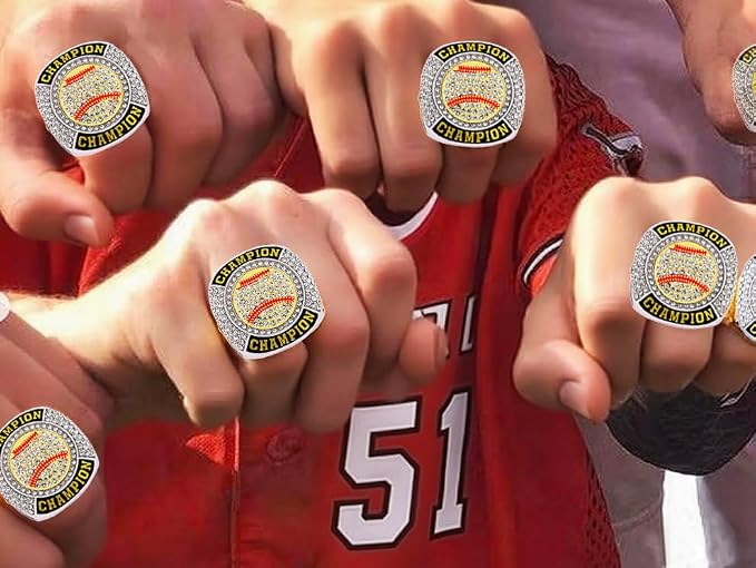 12 Pcs Baseball Ring Softball Baseball Championship Ring Sport Ball Trophy Award Gift with Display Neck Chain and Stand for Tournament or League Champion Winner