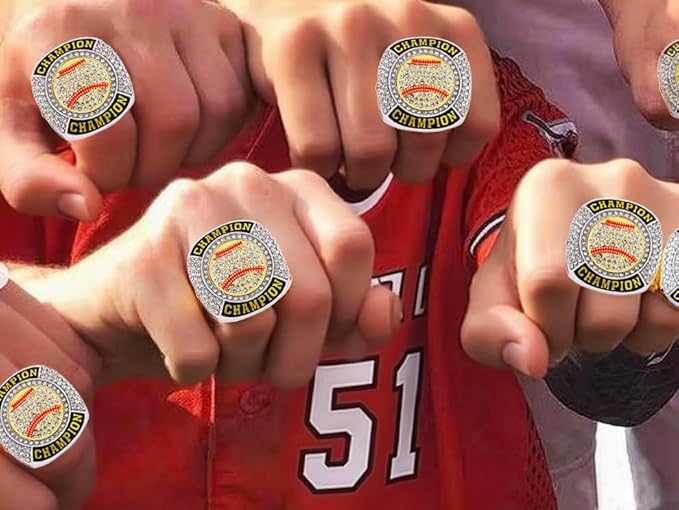 12 Pcs Baseball Ring Softball Baseball Championship Ring Sport Ball Trophy Award Gift with Display Neck Chain and Stand for Tournament or League Champion Winner