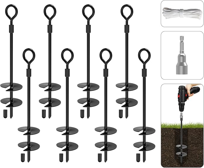 ABCCANOPY 14" Heavy Duty Metal Tent Stakes, 8 Pack Ground Anchors with Hex Head Driver and Ropes for Trampoline,Camping, Outdoor Events