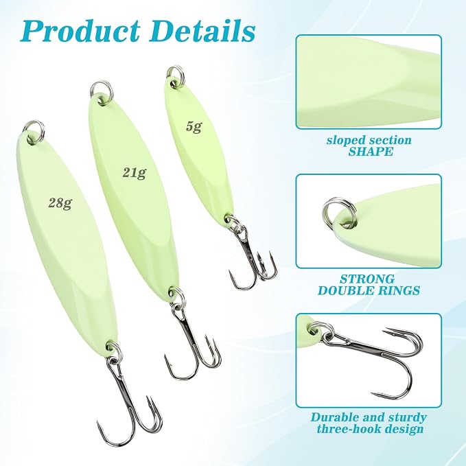 15 Pcs Glow in The Dark Fishing Lures with Treble Hook Jigs 5g/21g/28g Weights Luminous Metal Fishing Spoons Glitter Casting Spinner Baits Spoon for Freshwater Saltwater Bass Trout