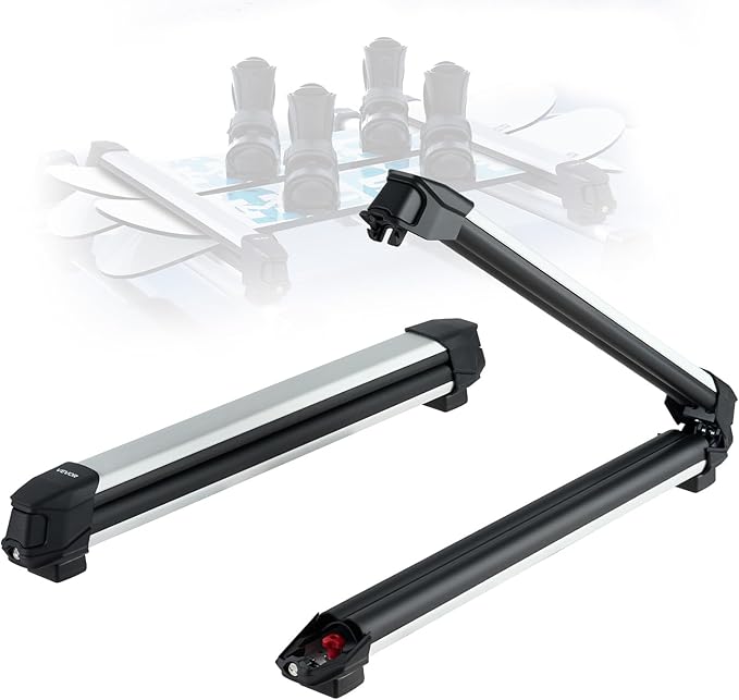 VEVOR Ski & Snowboard Roof Rack, Carry up to 6 Pairs of Skis or 4 Snowboards, 2 PCS Aluminum Universal Car Roof Rack with Lock & Rubber Padding, Carrier for Fishing Rod, Fit Most Slotted Crossbars