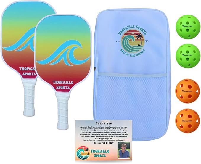 Tropical Pickleball Paddle Set - High Performance Lightweight and Durable Paddle Set of 2 with Carrying Case - 4 Pickleballs - Carbon Fiber Surface with Polypropylene Honeycomb Core