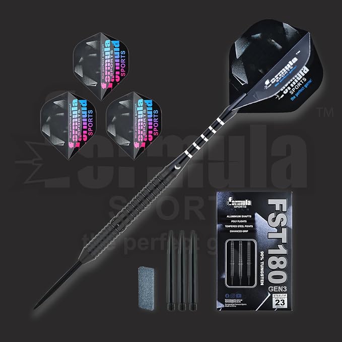 Formula Sports 90% Tungsten Darts Metal Tip Set - Professional Steel Tip Darts Set 21g/22g/23g/24g, with Aluminum Shafts, Tungsten Barrels, Dart Sharpener, Extra Flights