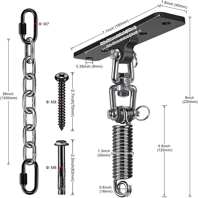 Dolibest Hammock Chair Hanging Kit, Heavy Duty Swing Hanger with Spring and 39" Chain, Indoor Outdoor Playground Hanging Hammock Punching Bags, 360+180° Rotation, Easy to Install, Black