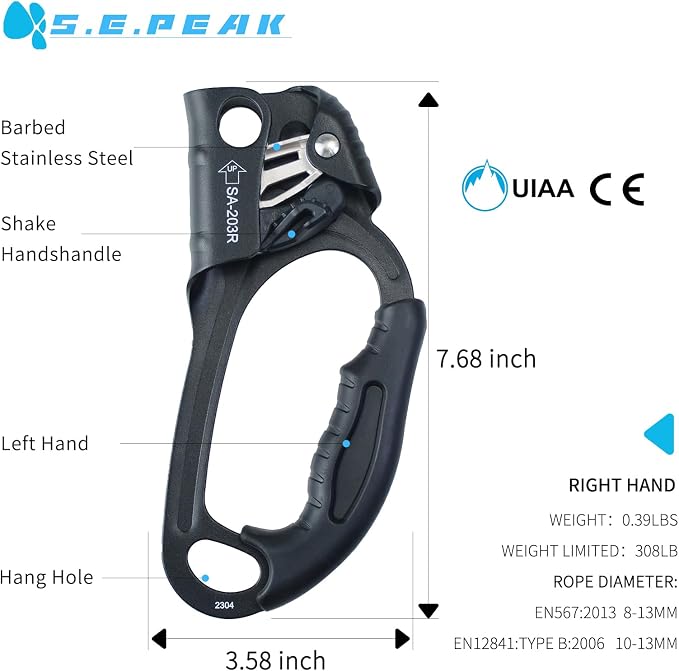 UIAA & CE Certified Climbing Rappelling Equip Hand Ascender Left Right Hand for 8-13mm Rope 4kN
