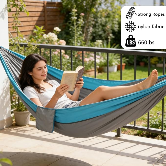 Camping Hammock, Portable Hammocks with Tree Straps & Attached Carry Bag, Travel Tree Hammocks for Outside Indoor Hiking Beach Backpack Travel(Gray, Nylon)