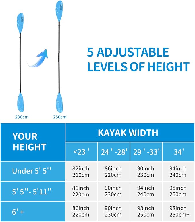 Leader Accessories Adjustable Kayak Paddle Boat Oar: Kayak Canoe Paddles 90-98 inch/230-250cm - Aluminum Floating Kayaking Fishing Oars with Paddle Leash for Adults Youth