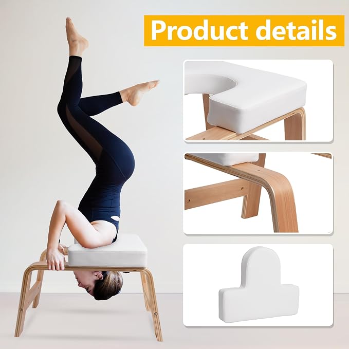 Yoga Headstand Bench, Yoga Inversion Chair, Headstand Trainer with Wood Frame and Pu Pad,Stand Yoga Chair Stress Relief, Balance Training, Body Shaping, Load Capacity 300 Pounds