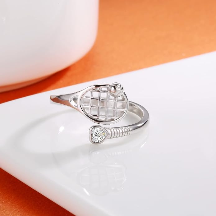 925 Sterling Silver Basketball Softball Baseball Football Tennis Racket Ring Adjustable Sports Jewelry Gifts for Women Player Mom