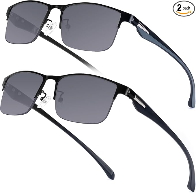 SKYOAK 2 Pack Premium Reading Sunglasses for Men with UV400 Protection Outdoors, TR90 Ultra-Light Dark Lens Sun Readers, Tinted Reading Glasses Half Frame Design & +2.00x - Not Bifocals