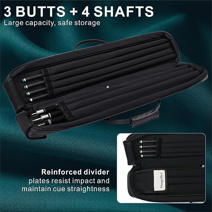 7-Hole PU Leather Pool Cue Case – Holds 3 Butts + 4 Shafts + Extension, Dual Accessory Pockets, Padded & Water-Resistant Billiard Cue Bag