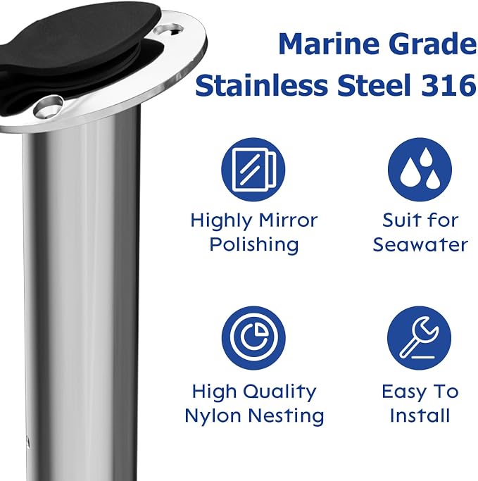Fishing Rod Holder 2 Pack, 316 Stainless Steel 15/30/90 Degree Rod Holders for Fishing Boat, Flush Mount with Cap, Heavy Duty