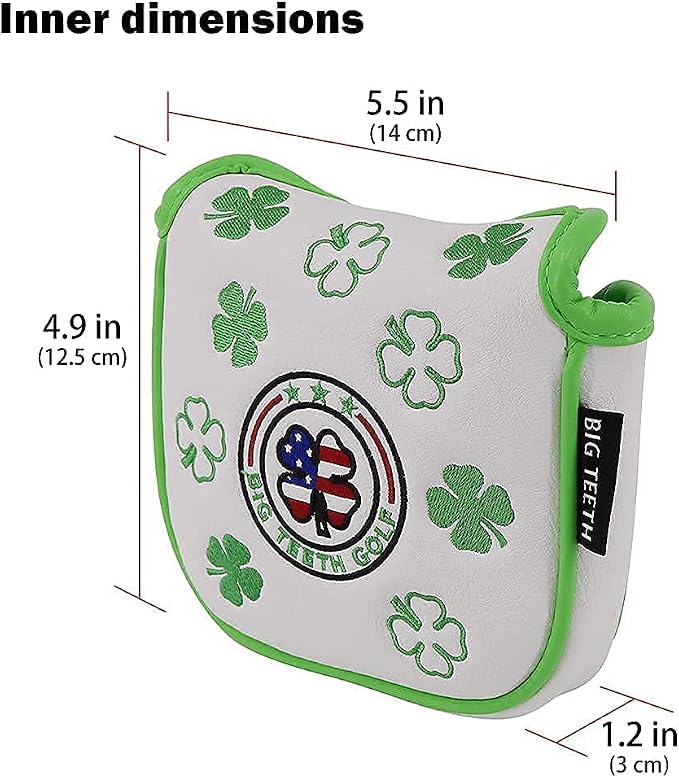 Big Teeth Golf Cover Lucky Clover Headcover Covers, Driver Fairway Wood Hybrid Headcovers Fits Blade Mallet Putter Iron and Woods with Magnetic White Shamrock Head Club Protector Leather