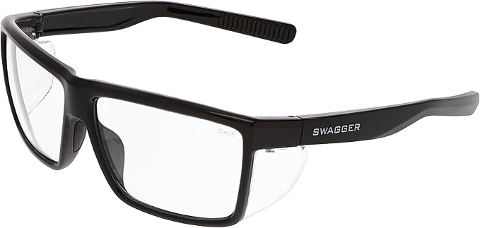 MCR Safety SR210 Swagger SR2 Series Safety Glasses with Thermo Plastic Rubber Nose Pads and Detachable Side Shields, Black Frame, Clear Lens
