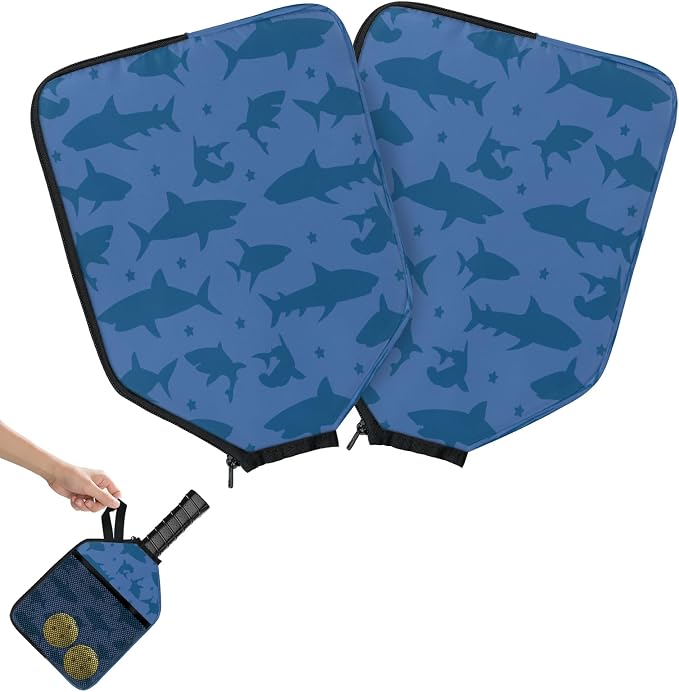Polka Dot Shark Silhouette Blue Universal Pickleball Paddle Cover 12.4 × 9.45 inch Racket Sleeve with Handle Strap Mesh Pocket Fits USAPA Standard Widebody Paddles 2 PCS