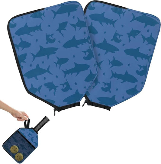 Polka Dot Shark Silhouette Blue Universal Pickleball Paddle Cover 12.4 × 9.45 inch Racket Sleeve with Handle Strap Mesh Pocket Fits USAPA Standard Widebody Paddles 2 PCS