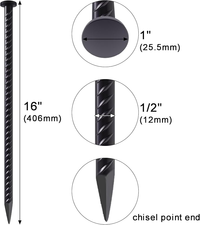 16 Inch Rebar Stakes 20 Pack – 1/2 Inch Dia Galvanized Steel Ground Anchors | Heavy Duty Anchoring Spikes with Chisel Point for Speed Bump, Paver Curb, Landscape Timbers and Tent, Black