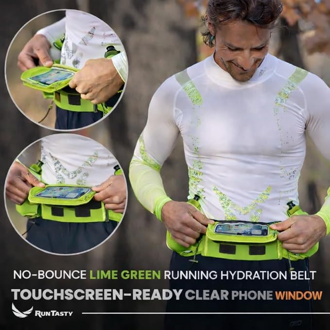 No.1 Hydration Belt by Runtasty - Premium Running Fuel Belt w/2 BPA-Free 10 oz Water Bottles, Tilt-Up Pocket w/Touchscreen-Ready Cover - Fits All iPhones, Runners Ebook & No-Bounce Design